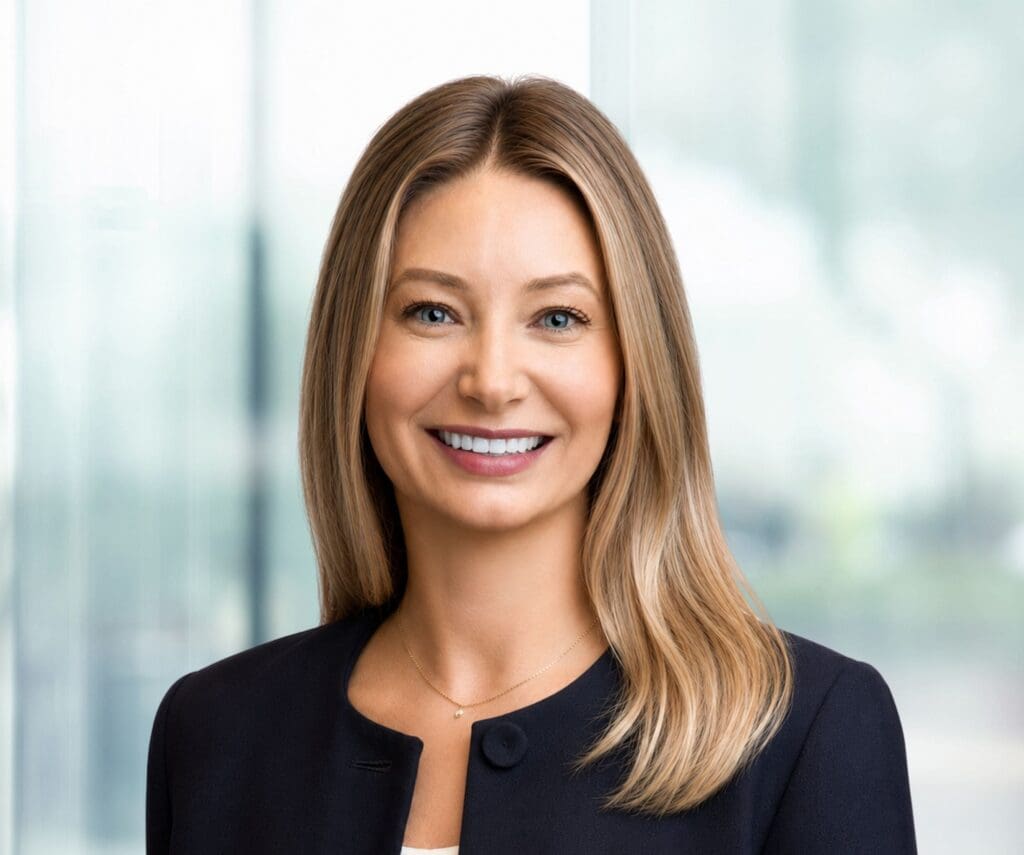 A woman with straight blonde hair, wearing a dark blazer and white top, smiles in a brightly lit office setting with large windows and blurred background.
